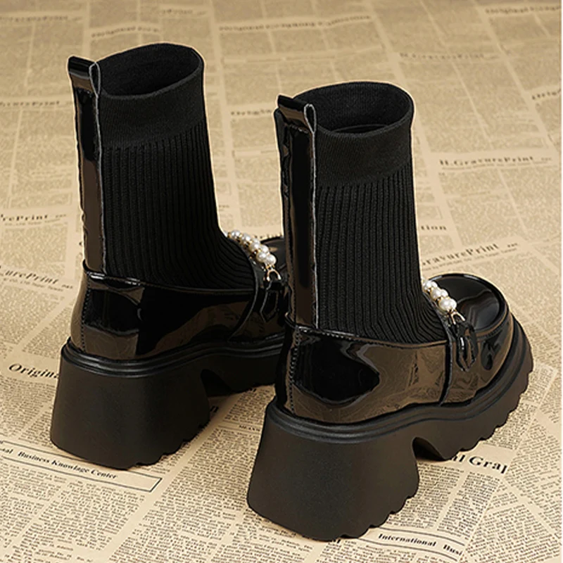 Женские зимние ботильоны на платформе с бусинами модная обувь среднем каблуке