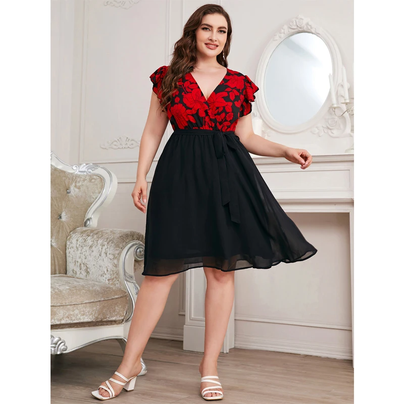 

Dressfo Plus Size Dress Flower Print Flare Sleeve Belted High Waisted V Neck A Line Midi Dresses Vestidos