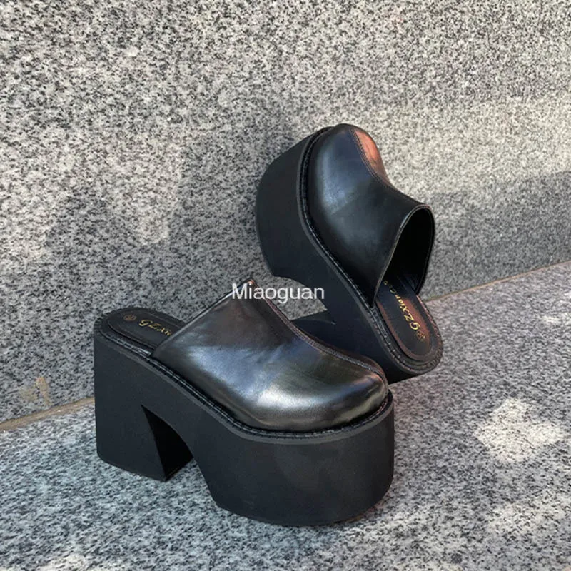 Женские шлепанцы в римском стиле черные туфли на танкетке массивном высоком