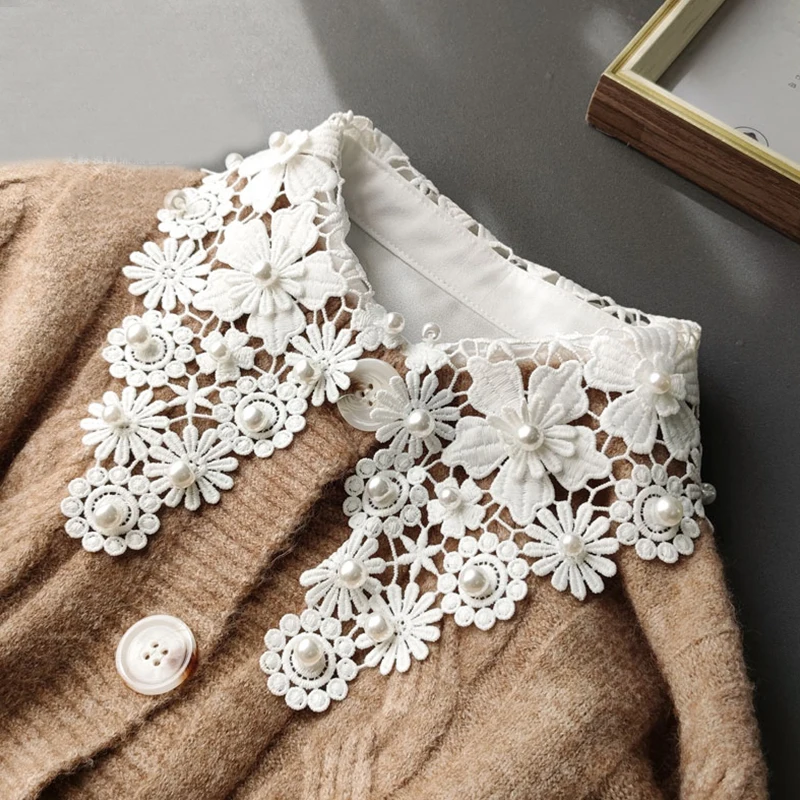 

Women Beads Fake Collars Vintage Shirt False Collars Woman Embroidery Detachable Collar Shirt Faux Col Accessories