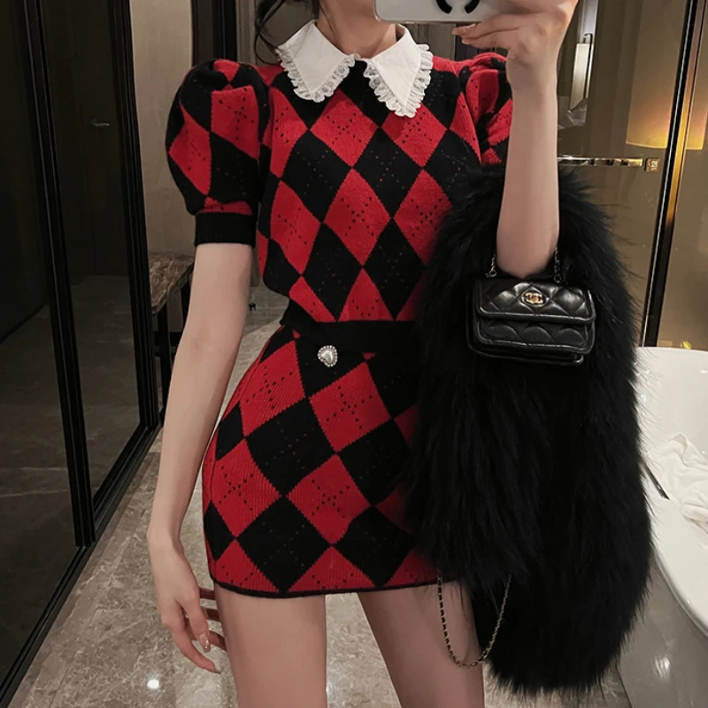 Buttons Plaid Knit Two Piece Set Women Short Sleeve Crop Top Sexy Sweet Winds Cardigans+Mini Skirts Spring Summer Suits Outfits