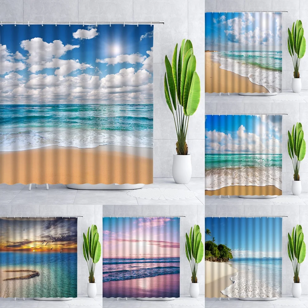 

Ocean Waves Shower Curtain Beach Blue Sea Exotic Holiday Coastal Natural Scenery Cloth Fabric Bathroom Decor Bath Curtains Home