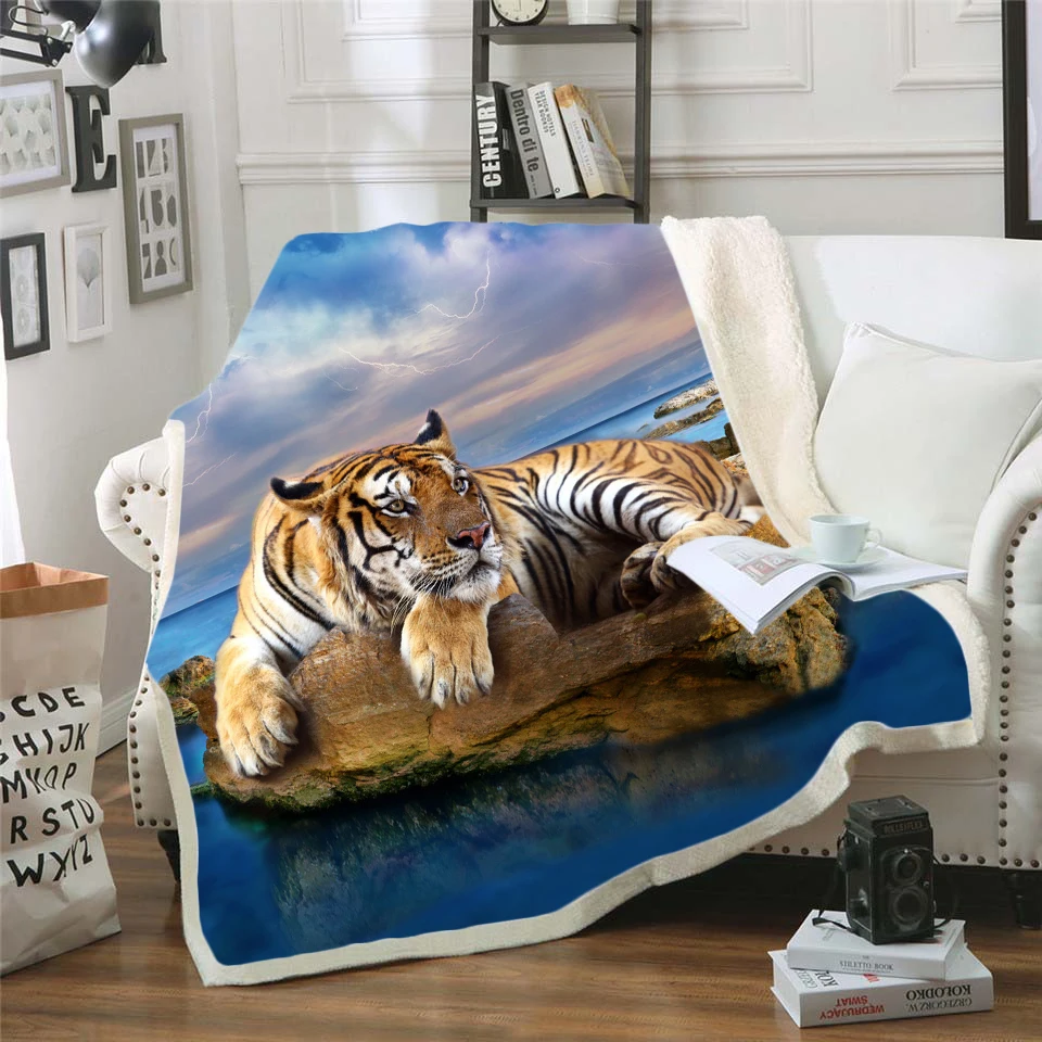 

Plush Velvet Sherpa Blanket 3D Tiger/Lion Printed Warm Sheet Good Quality Office Nap Style-001