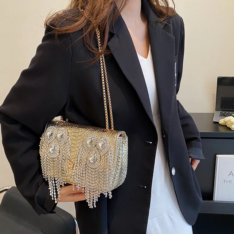 Fashion Diamond Handbags for Women 2023 New Tassel Square Evening Bag Female Leather Chain Luxury Sparkle Shoulder Bag Woman