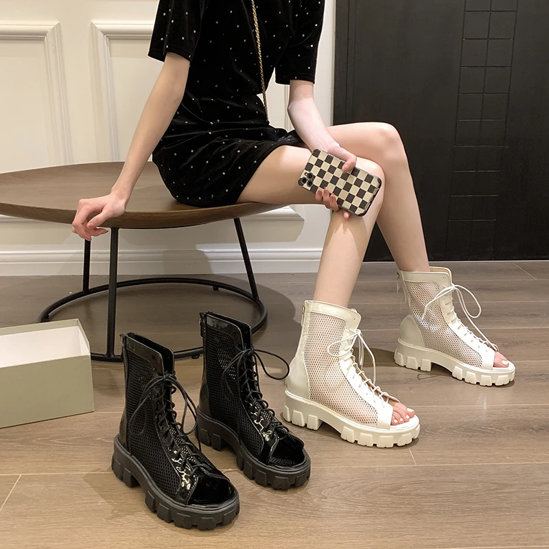 

Summer Ladies New Fashion Lace Sandals Casual Shoes Breathable Hollow Lace Up Sandals Women 2022 Round Toe Toe Zipper Flats
