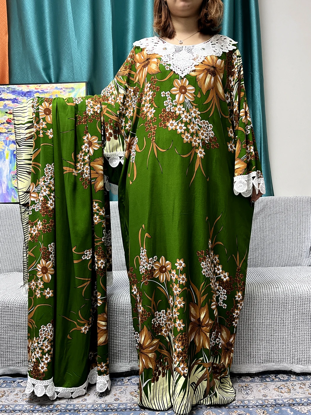 Мусульманская модель 2024 Цветочная хлопковая Кружевная аппликация свободное