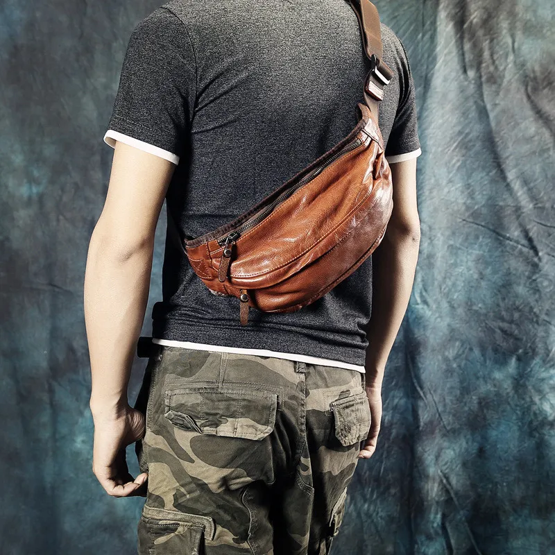 Fashion vintage genuine leather men's chest bag high quality soft real cowhide waist packs casual sports shoulder messenger bag