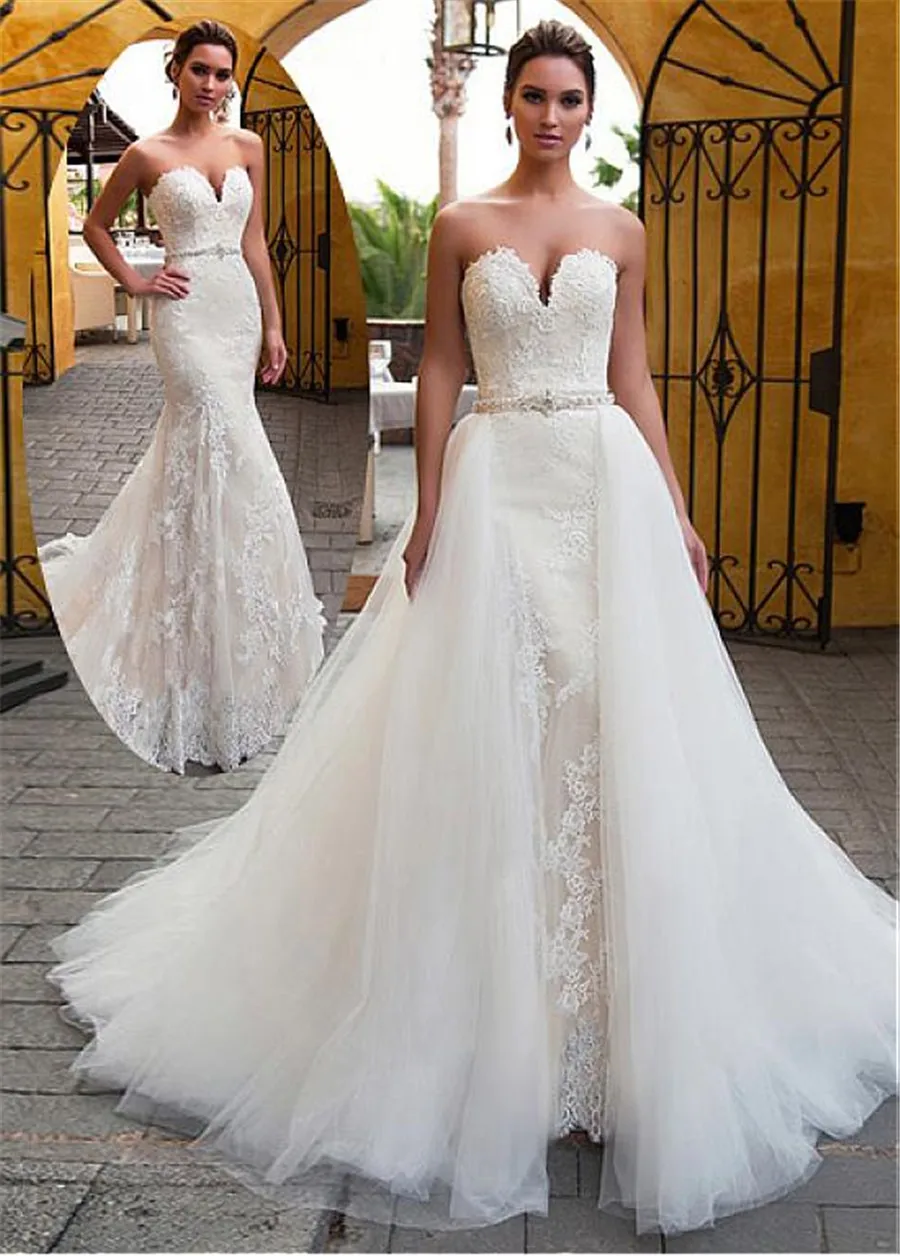 

Fascinating Sweetheart Neckline 2 In 1 Beading Sash Wedding Dress With Lace Appliques Mermaid Bridal Dress 2019 Detachable Skirt