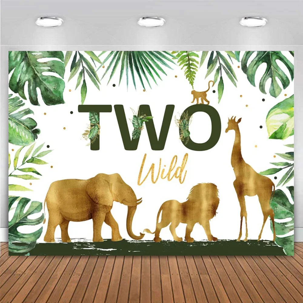 

Two Wild 2nd Birthday Backdrop Jungle Safari Gold Animals Background Tropical Leaves Boy Girl Party Wall Banner 2 Year Old Photo