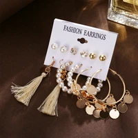 6 pairs circle earrings set tassel leaves heart hoop earrings women fashion graceful bohemia acrylic pearl ear studs earrings