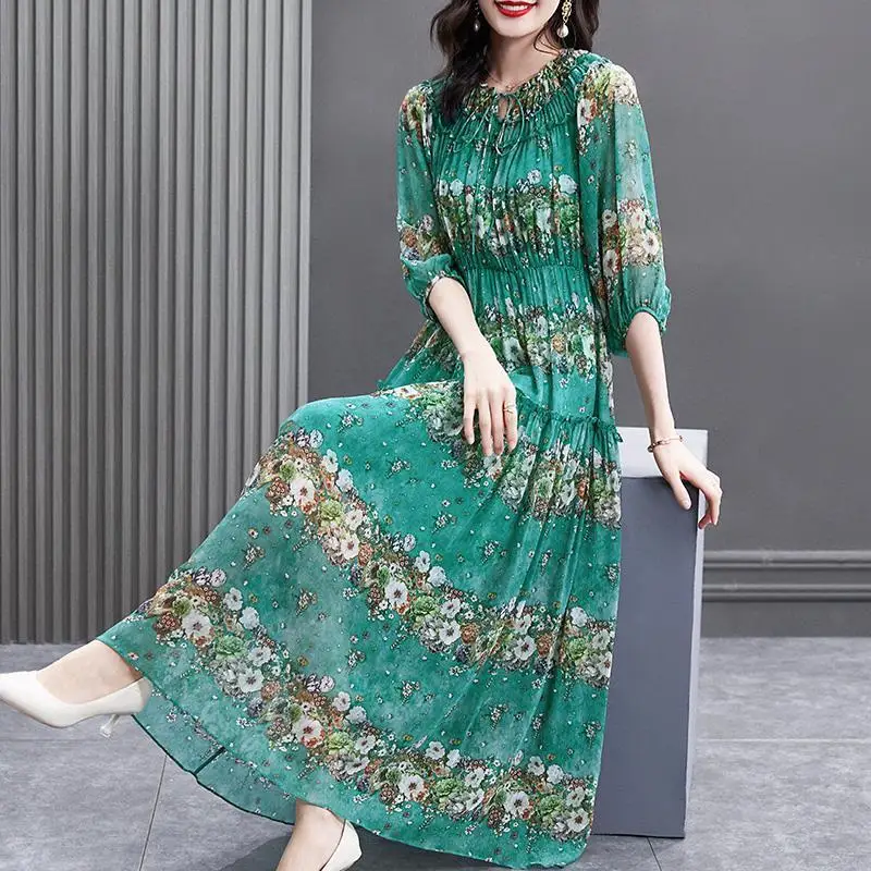 New 2023 Summer Casual Beach Holiday Fashion Women Half Long Sleeve Ruffles Floral Print Ankle Length Pleated Vestidos M520