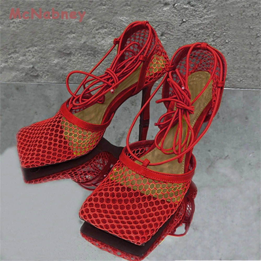 2023 New Sexy Mesh Pumps Sandals Female Square Toe High Heel Lace Up Cross-Tied Stiletto Hollow Shoes Fashion Breathable Sandals
