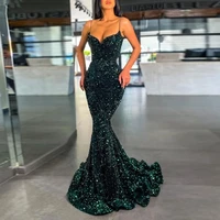 2022 dark green prom dresses long mermaid sexy evening gowns spaghetti straps glitter sequin velvet wedding guest for women