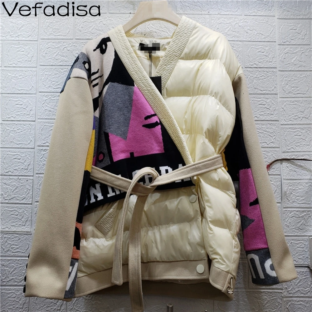

Vefadisa 2023 Winter V-neck Lace-up Parkas Coat Loose Knitting Splicing Abstract Pattern Thickening Cotton Jacket Women LHX3348