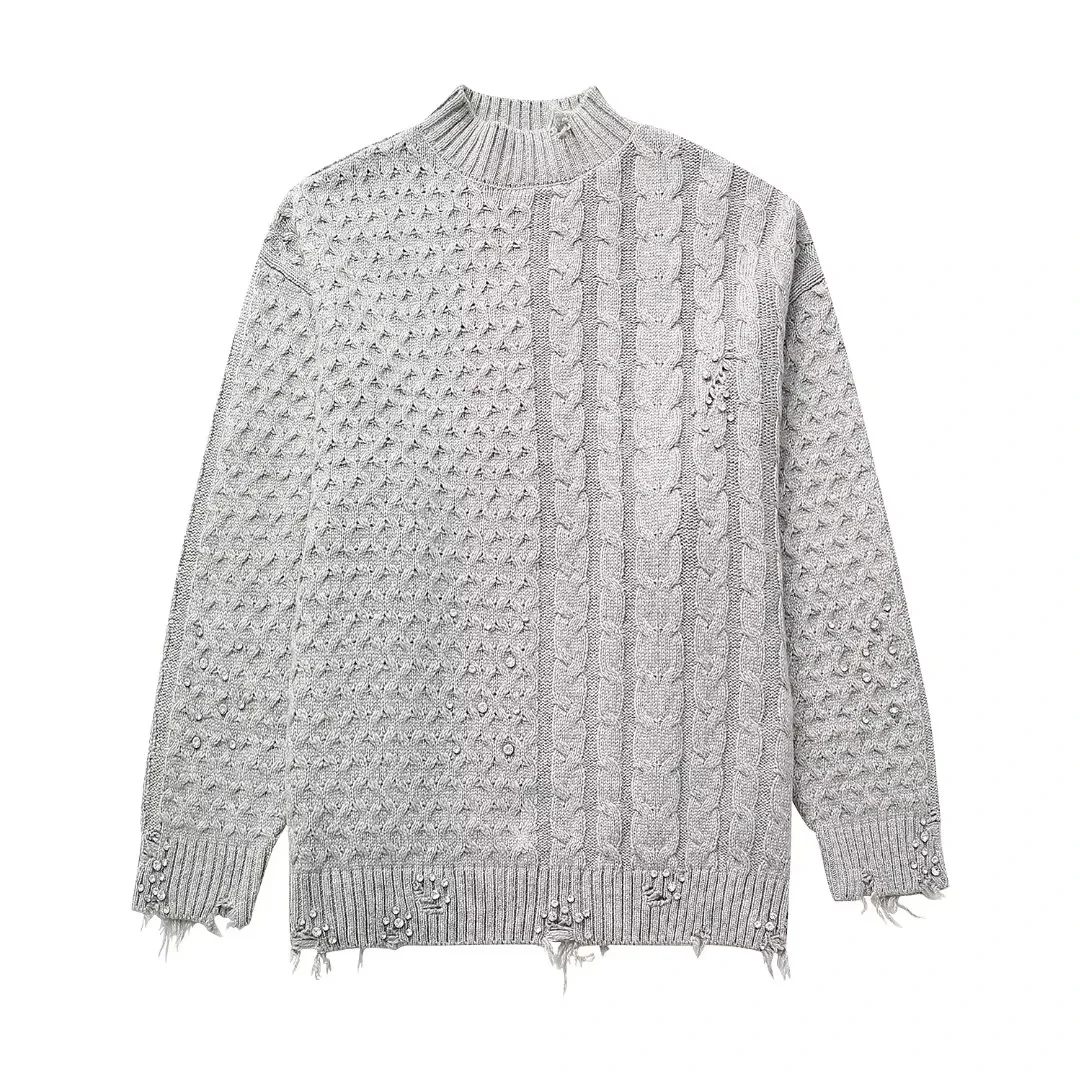 

TRAF Women Rivet Applique Knit Sweater Ladies Daily Simple Ripped Trim High Collar Pullovers 2023 Winter New Senior Street Tops