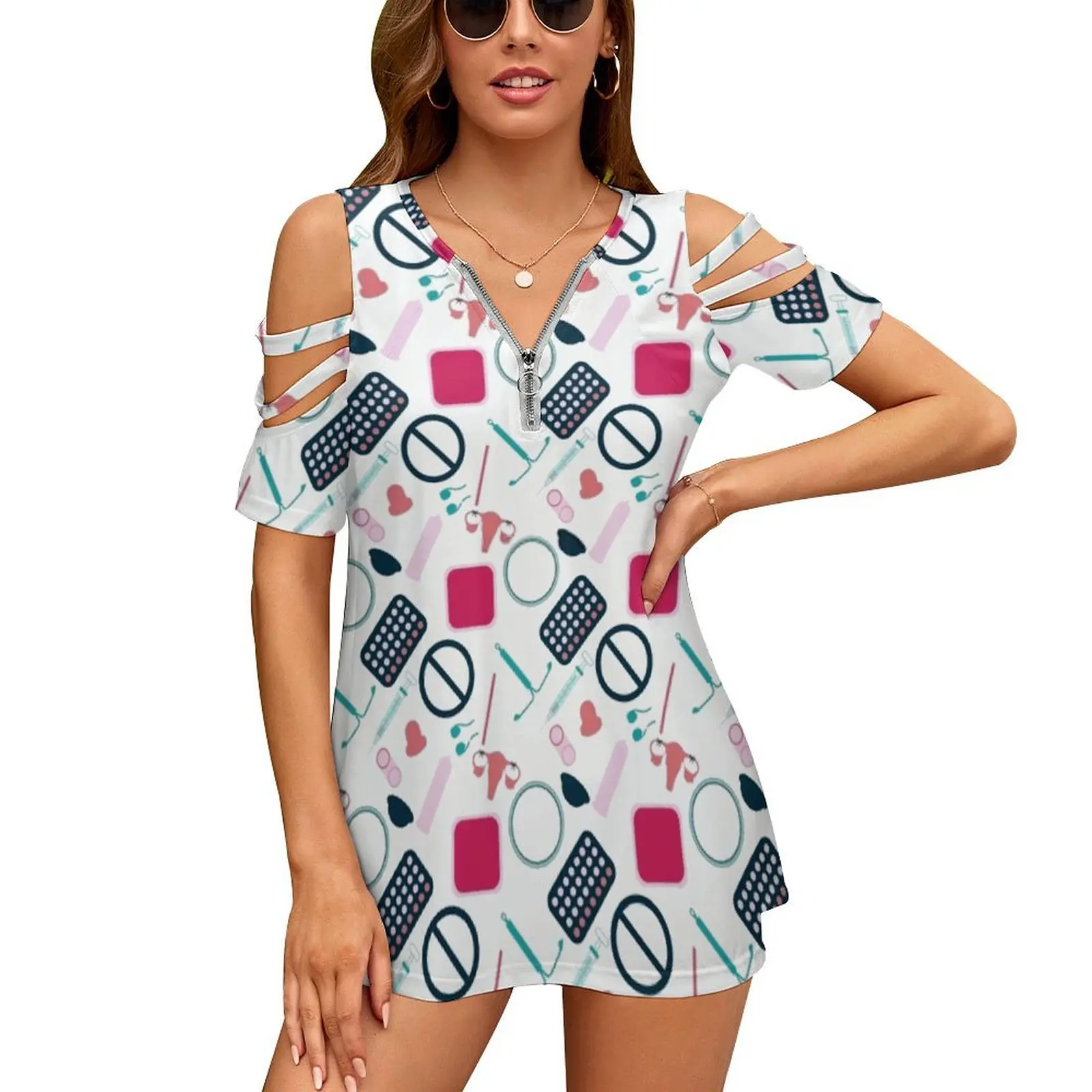 

Женская футболка с принтом контрацепции (Версия 2), новая модная повседневная футболка на молнии с V-образным вырезом