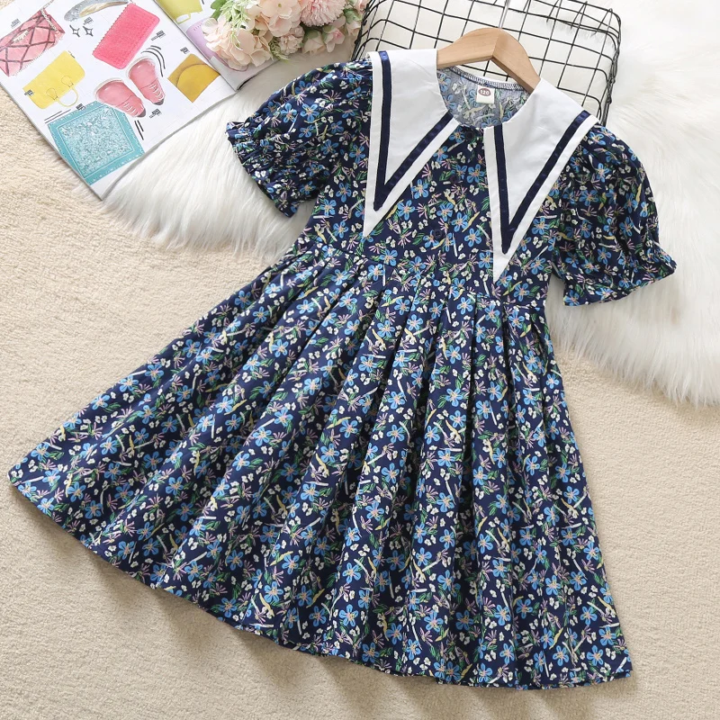 

Summer Baby Children Dresses for Girls Clothes School Uniform Costumes Short Sleeve Preppy Floral Outfits Kids Dresses Vestidos