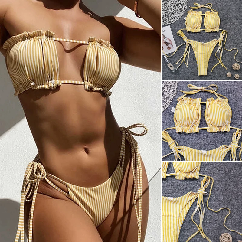

Fashion Striped Swimsuit for Women Sexy Tie Bikini Summer Thin Beach Swimwear