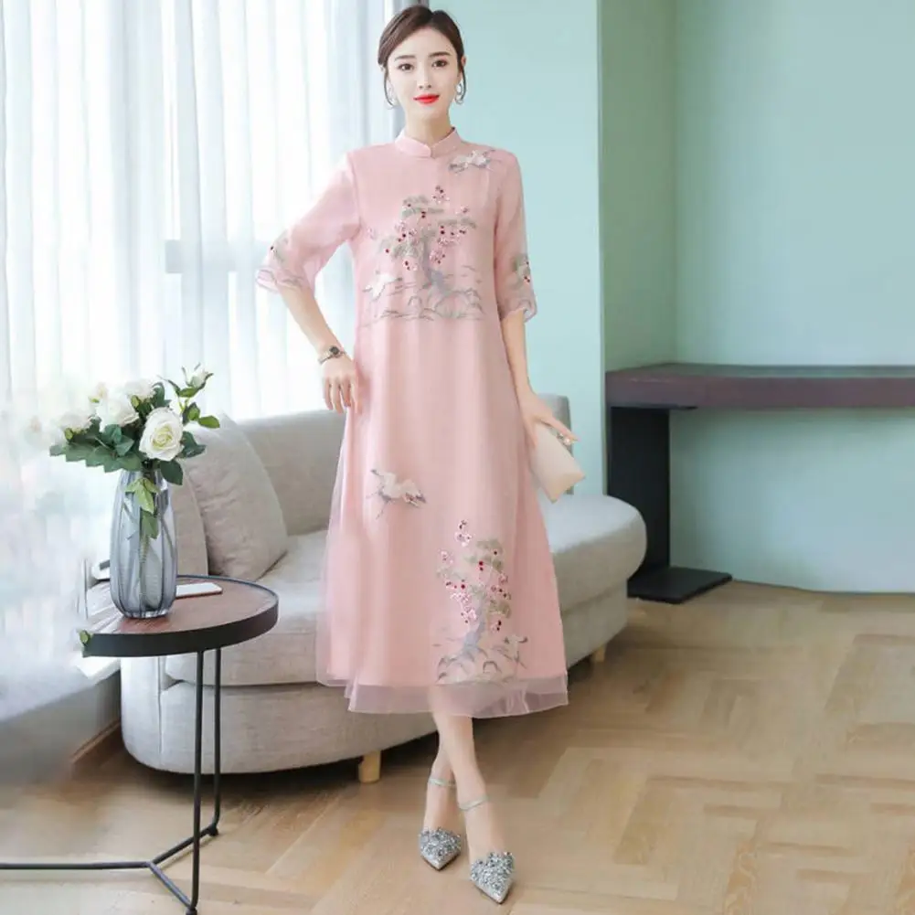 

Popular Loose Waist Mid-Calf Loose Cheongsam Dress Embroidery Floral Birds Printing Retro Women Loose Han Chinese Clothing