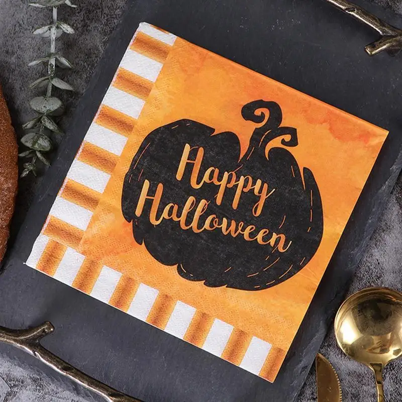 

Native Wood Pulp Halloween Napkins Halloween Tableware Pumpkin Napkin Paper Banner Set Printed Napkins For Party Decoration