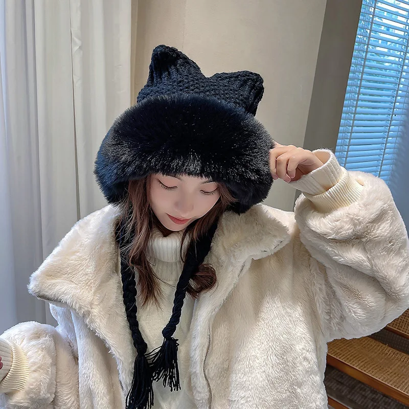 

Winter Thick Warm Beanie Hat for Women Cat Ears Lady Cute Knitted Crochet Beanies Hat Cap with Braid for Girls кепка женская