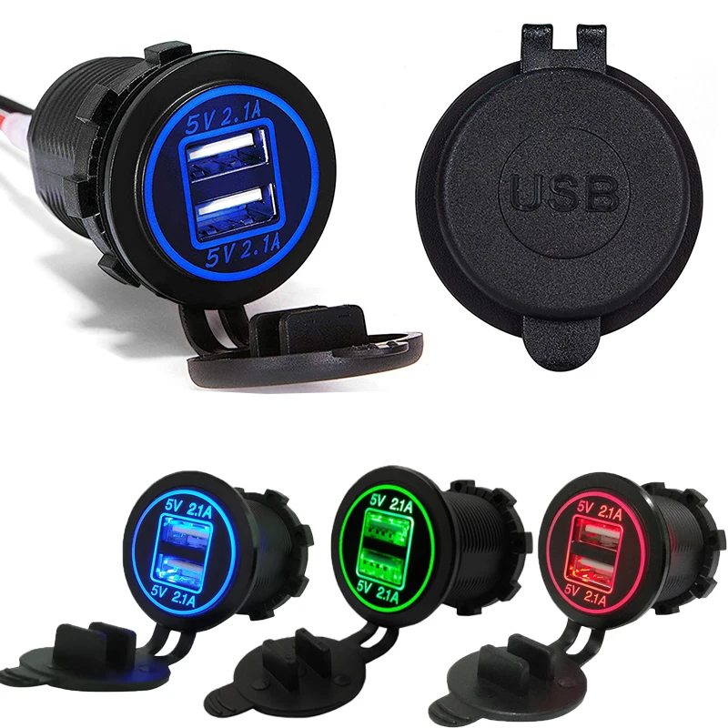 

12 В 24 В Розетка с двойным USB зарядным устройством, электрическая розетка 2,1 А и 2,1 а для автомобиля, лодки, морского транспорта, RV, мобильного телефона с проводным предохранителем, комплект «сделай сам», синий, красный, зеленый