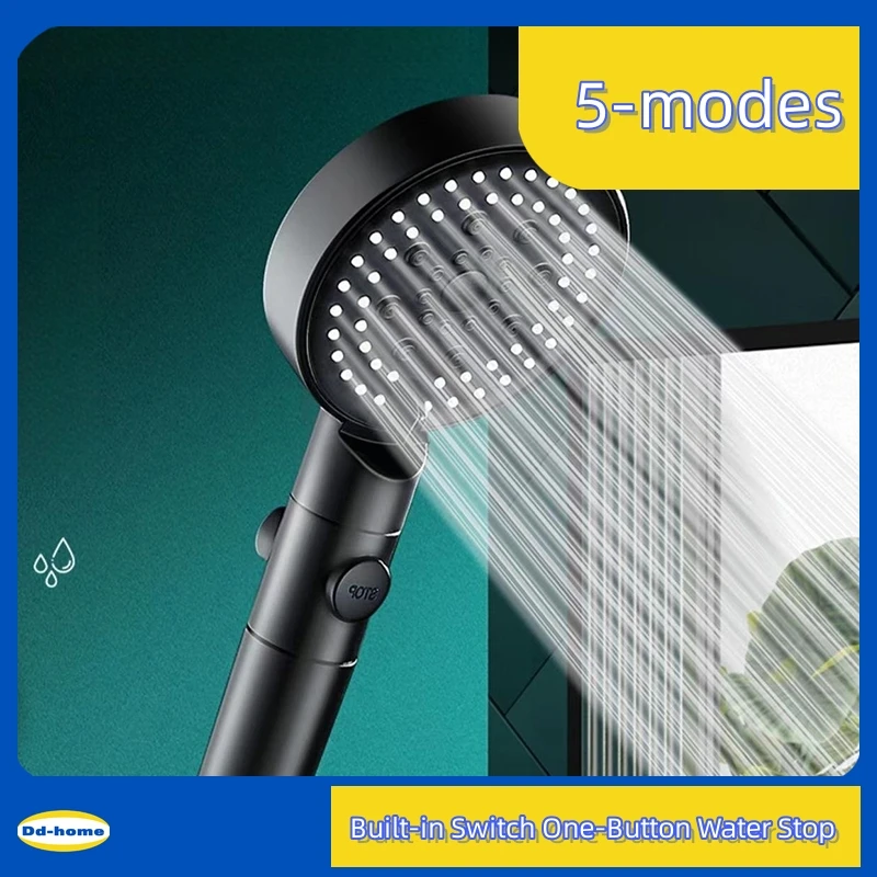 

Black Shower Head 5 Modes Knobs Water Stop Round High Pressure Shower Head Hose Set for Bathroom Washroom Accessories ABS