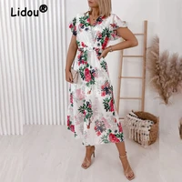 summer elegant fashion 2022 new v neck floral lacing midi dress office lady temperament butterfly sleeve belt womens clothing