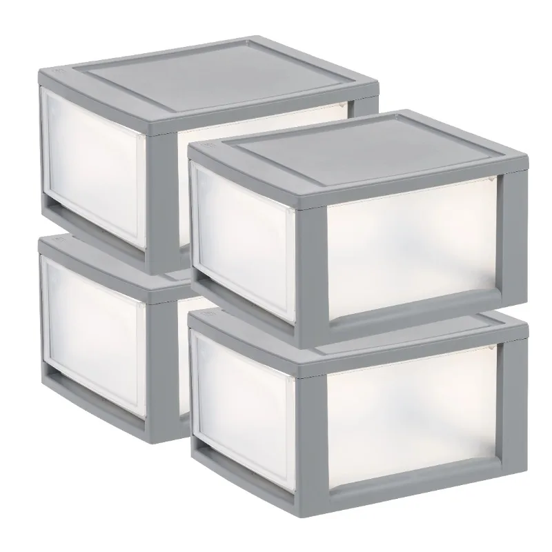 

14 Quart Stackable Clear Plastic Storage Drawer, Gray, Set of 4