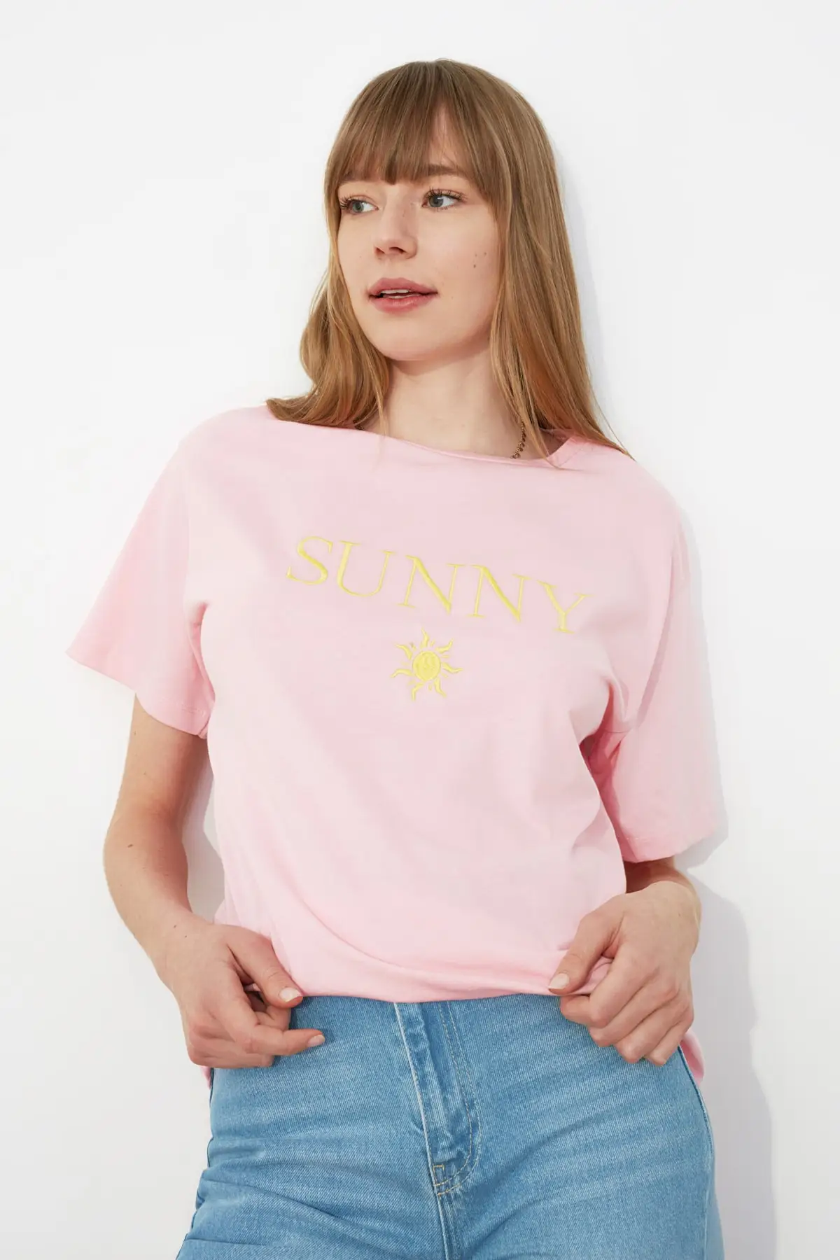 Trendyol желтый Embroideried бойфренд вязаная футболка TWOSS19IS0051|Футболки| |