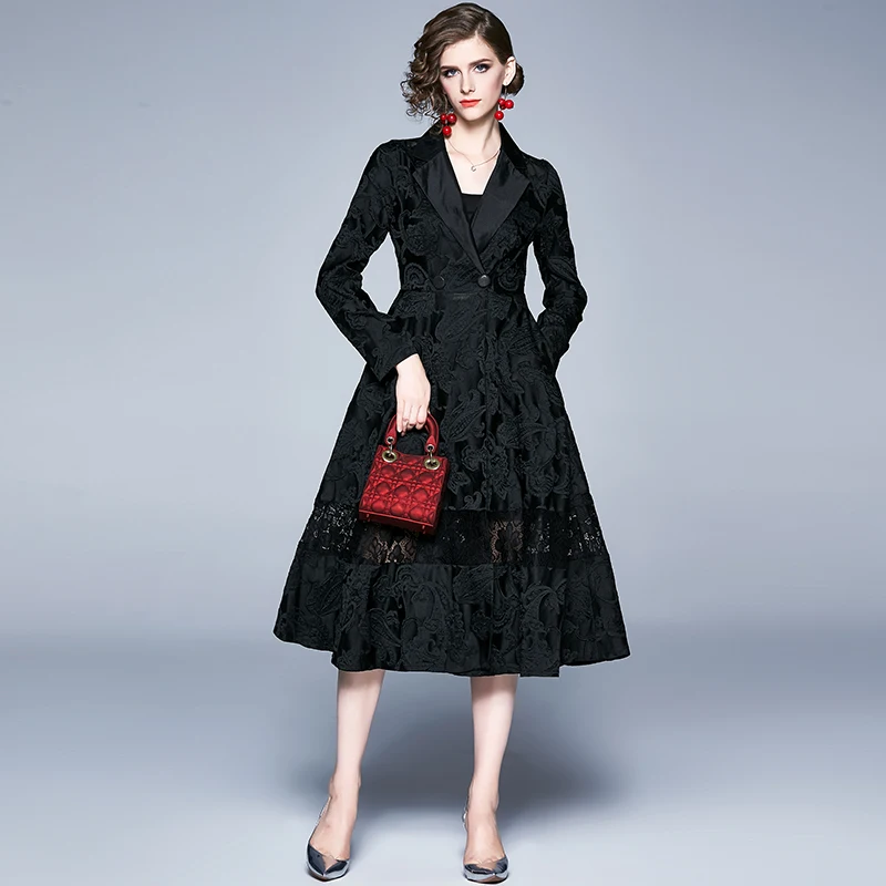 

2022 Autumn Winter Women's Black Double-Breasted Trench Coat Office Full Sleeve Notched Jacquard Floral Long Coat Outerwear