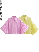 pailete women 2022 fashion striped print loose cropped blouses vintage short puff sleeve pink female shirts blusas chic tops