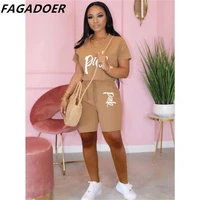 fagadoer casual shorts sets sporty 2 piece sets women leisure suits pink letter print tracksuits biker shorts matching outfits