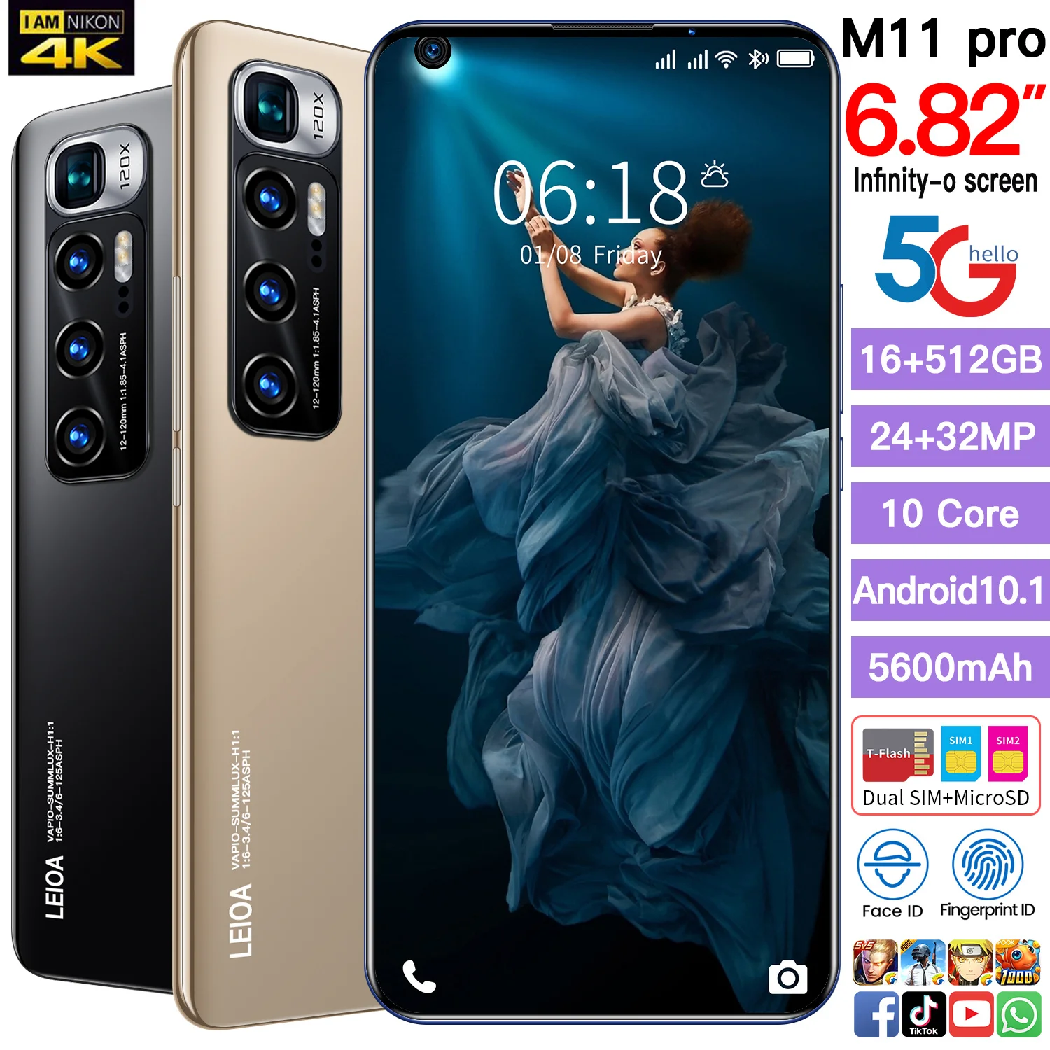 

Smartphone M11 PRO 16GB+512GB 6.82 Inch Big Full Screen 3 Card Slot 24MP+32MP Camera 5600mAh Android 10.1 4G/5G Smartphone