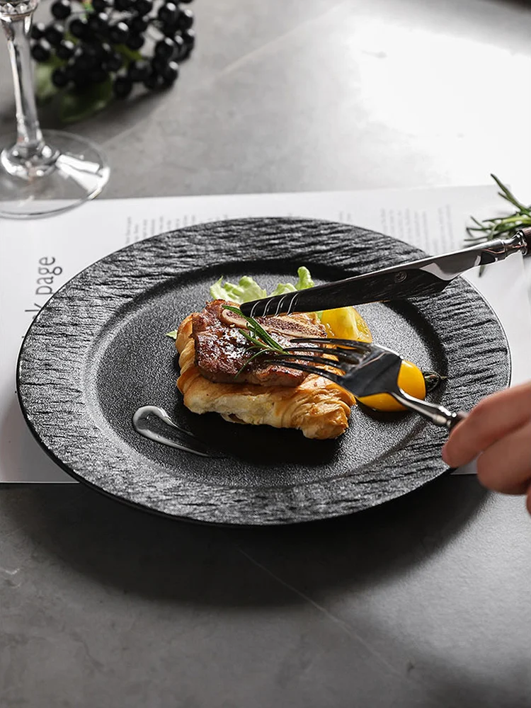 Ceramic 8.5 Inch 10.5inch Steak Round Plates Black White Stone Emboss Luxury Restaurant Dinnerware Home Party Food Container