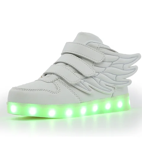 Брендовая детская обувь с высоким верхом и подсветкой, светодиодная детская обувь с USB зарядкой, водонепроницаемая кожаная детская обувь с крыльями, светящаяся обувь, теннисная обувь