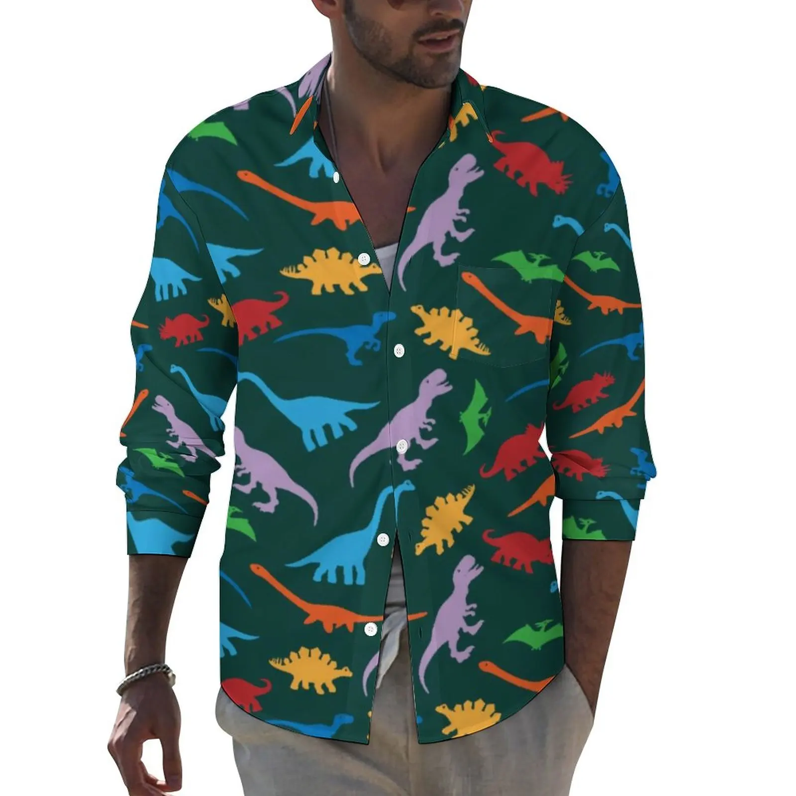 

Animal Silhouette Harajuku Casual Shirt Mens Colorful Dinosaur Print Shirt Vintage Blouses Long Sleeve Custom Oversized Clothes