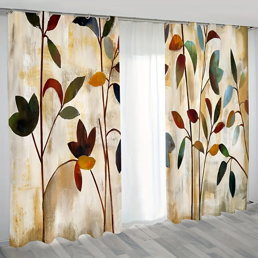 

2023 Modern Leaf Print Curtain Two 2 Pieces Window Treatment For Bedroom Office Kitchen Living Room Study Home Decor Hooks