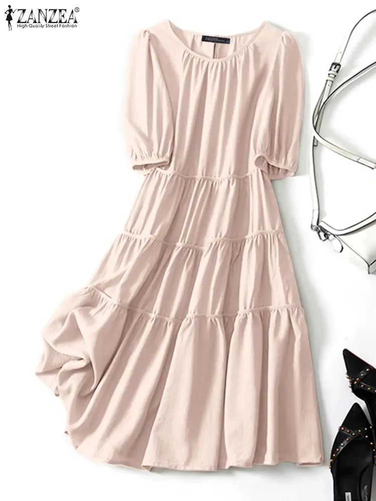 

Fashion Women Summer Holiday Ruffles Dresses 2023 ZANZEA Office Lady Short Sleeve Midi Vestido Oversized Casual Solid Robe Femme