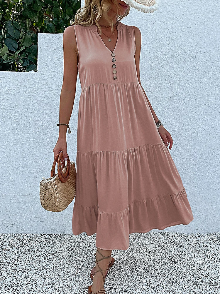 

Women Solid Tank Midi Dresses 2023 Summer Casual Loose Sleeveless V Neck Buttons Ruffle Dress Female Beach Party Dress Vestidos