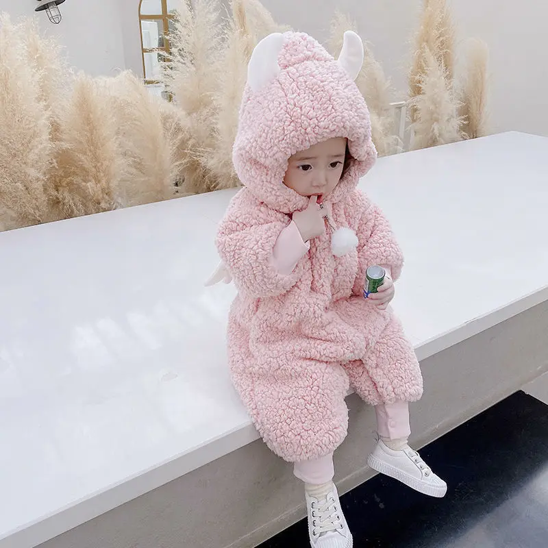 

2023 Winter Warm Baby Romper Fleece Cartoon Cute Hooded Boys Girls Newborn Infant Jumpsuit Clothes Soft Pajama Overalls F75