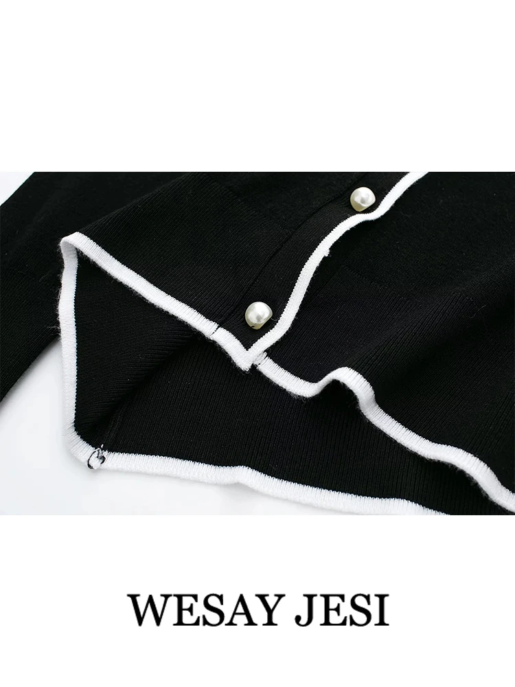 WESAY JESI Women's Fashion Faux Pearl Button Knit Cardigan Sweater Vintage Black Slit Long Sleeve V Neck Female Slim Knittwear images - 6