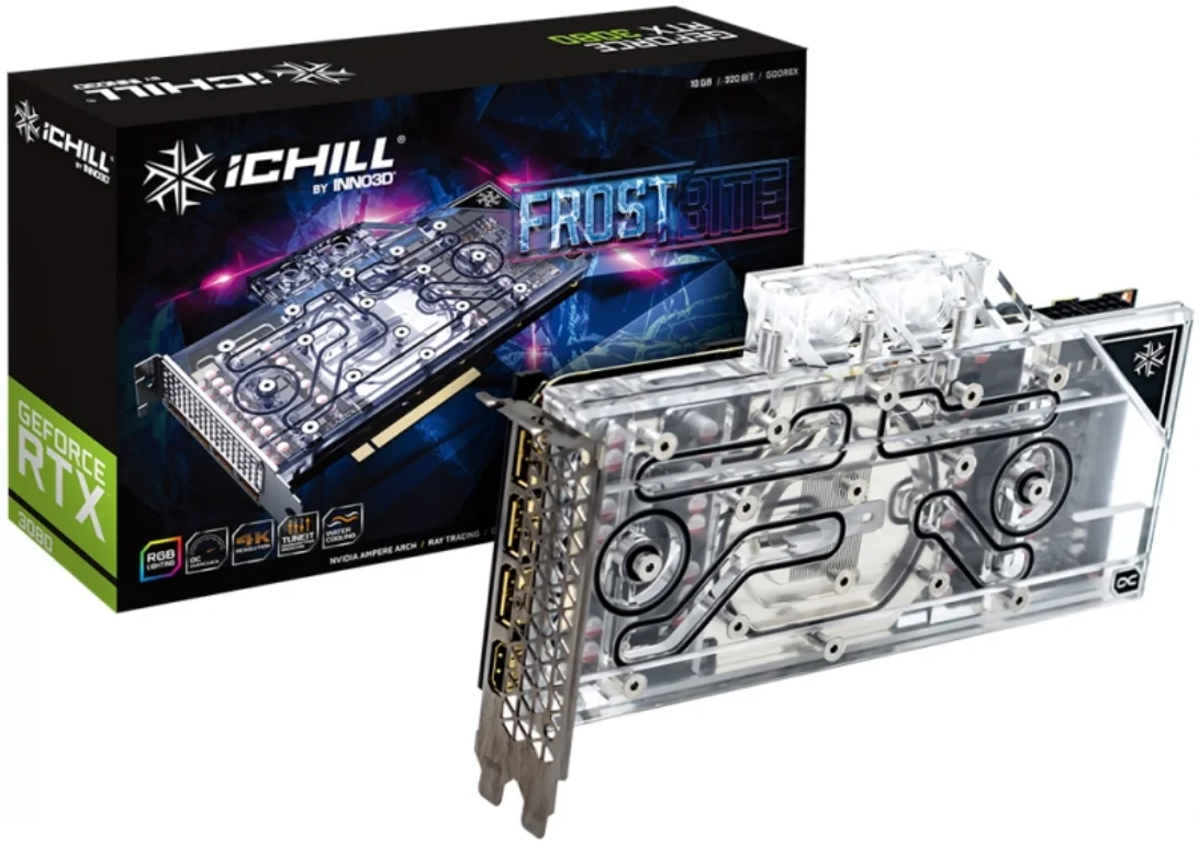 

RTX 3080 10G LHR lock hashrate split water-cooled graphics card Inno3D