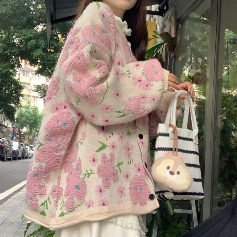 Новый японский и корейский Ретро ленивый стиль розовый свитер с цветами для