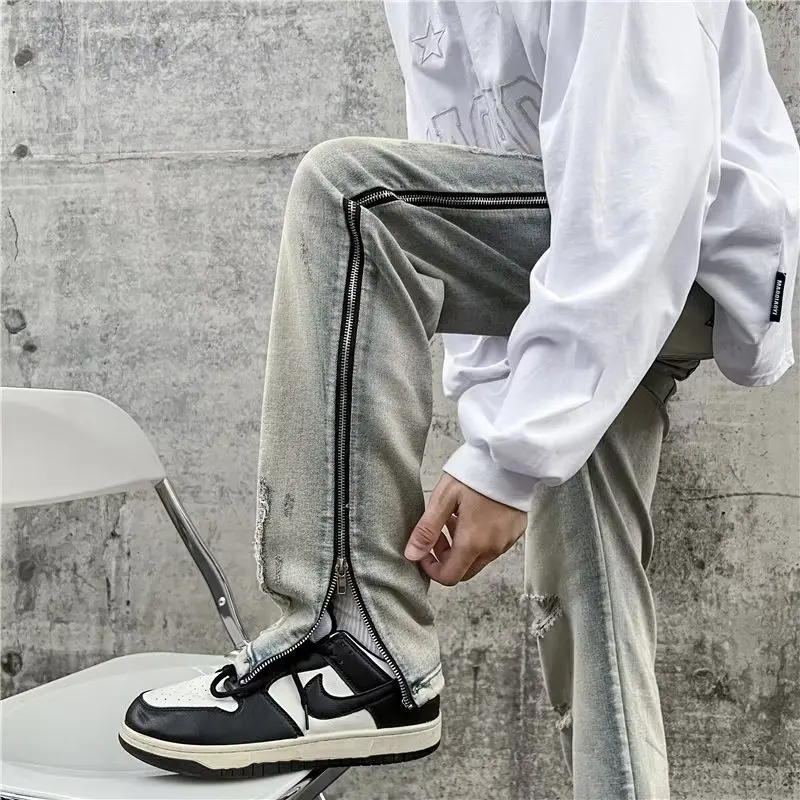 DEEPTOWN Zipper Ripped Jeans Casual Denim Pants Men Trousers Male Fashion Loose Spring Autumn Hip Hop Streetwear Korean hole