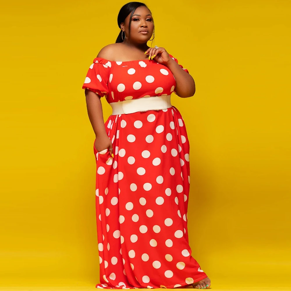 

XL-5XL Red White Polka Dot Print Plus Size Dress Women Slash Neck Short Sleeve Floor Length Dress Vintage Mujer Long Party Dress