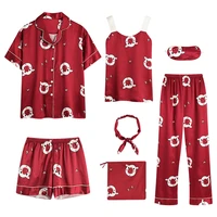 women seven pieces loungewear set cartoon lovely sleepwear summer spring pajamas for female young girl home wear pyjamas set