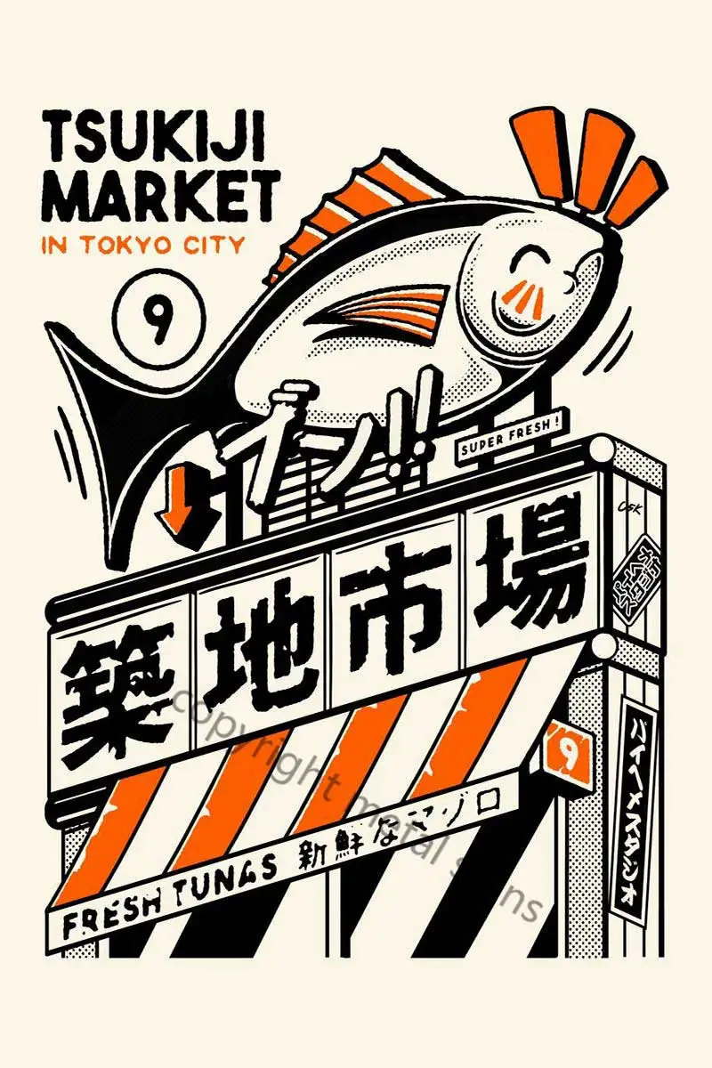 

Настенный декор Tsukiji Market, декор для комнаты, Ретро винтажный металлический знак, жестяная вывеска для дома, клуба, мужская пещера, кафе, паба, ...