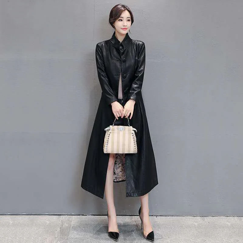 2022 Long St Collar Leather Coat Autumn  Winter Korean Women's Leather Coat X Long  Leather Jacket Women for Elegant Lady Office