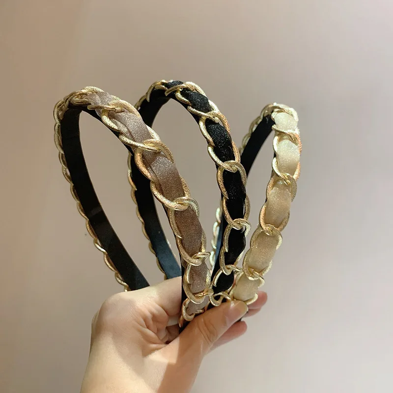 

Модные ленты для волос с металлической цепочкой, Тонкие повязки на голову для женщин и девочек, повседневная тканевая повязка для волос, одн...